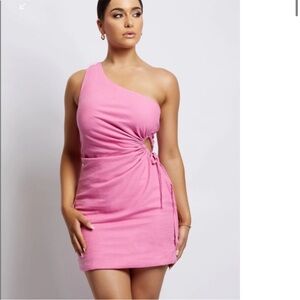 MESHKI ONE SHOULDER LINEN CUT OUT PINK DRESS